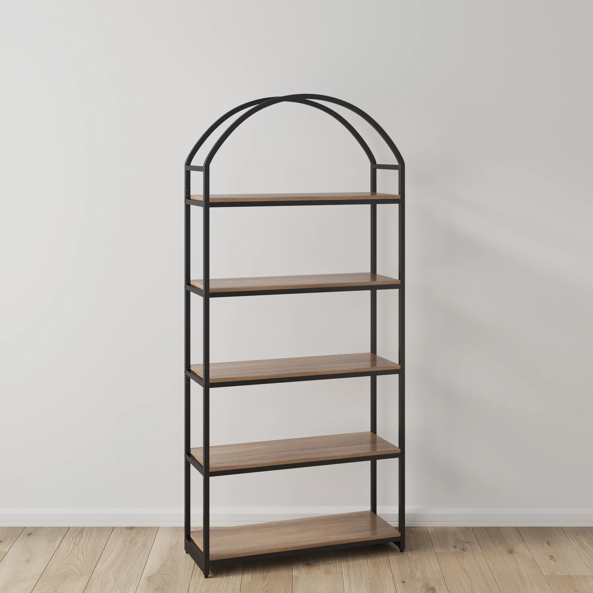 Wood & Metal 5-Shelf Arched Bookshelf Oak | Nathan James