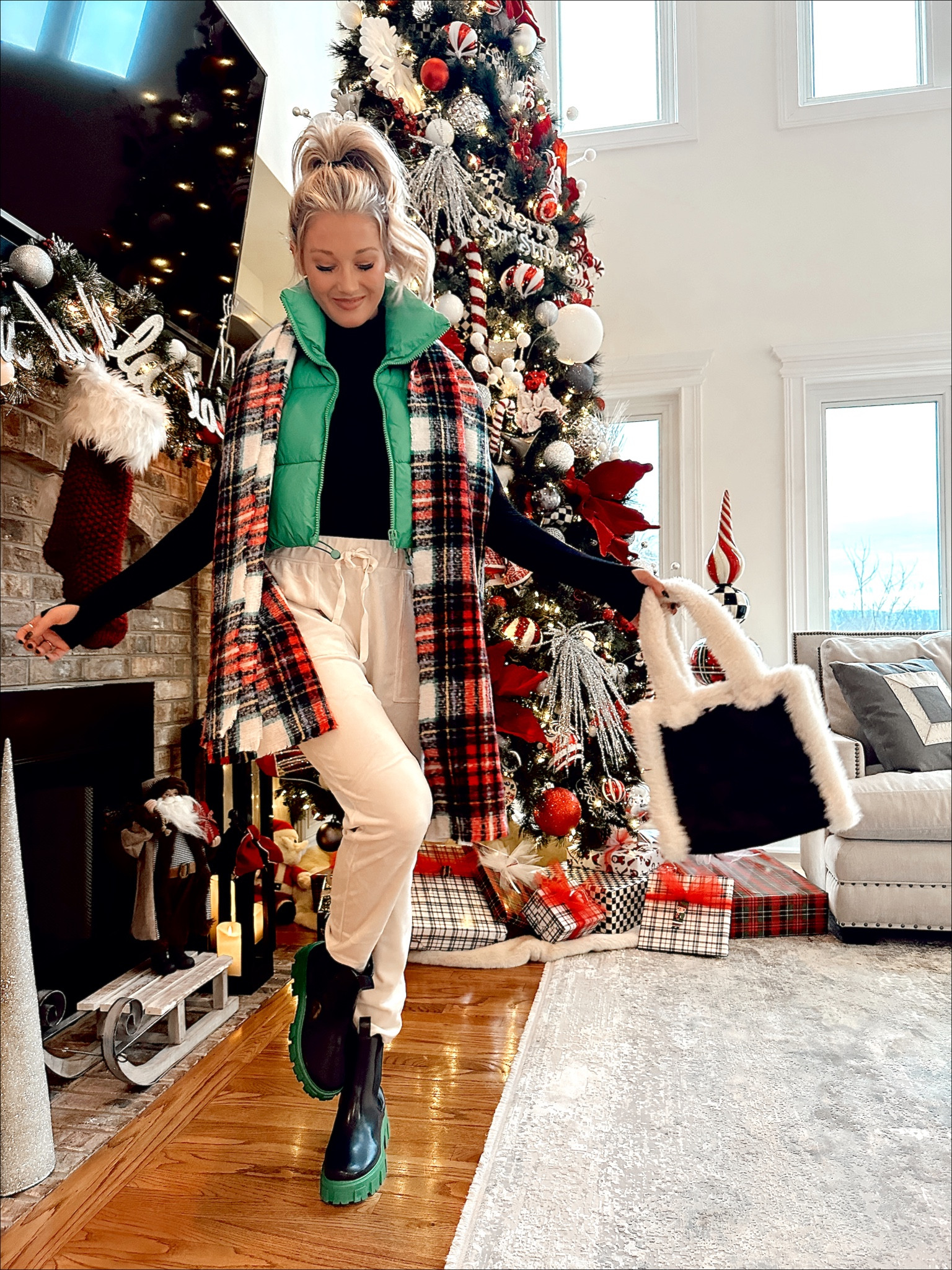@walmartfashion holiday style! Fun, classic Christmas look. Perfect for running errands. 

Black turtleneck (size S), green puffer vest (size M), green sole boots (run TTS), joggers (size S), plaid scarf, and small fuzzy purse. #walmartfashion #walmartpartner

#LTKstyletip #LTKHoliday #LTKunder50