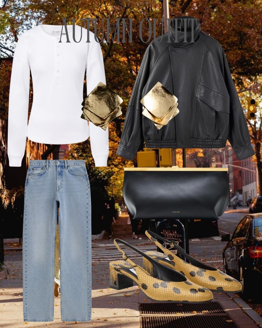 Autumn outfit, black clutch, clutch bag, Jimmy choo shoes, gold earrings, statement earrings, leather jacket, sling backs

#LTKautumn #LTKeurope #LTKFashionMonth