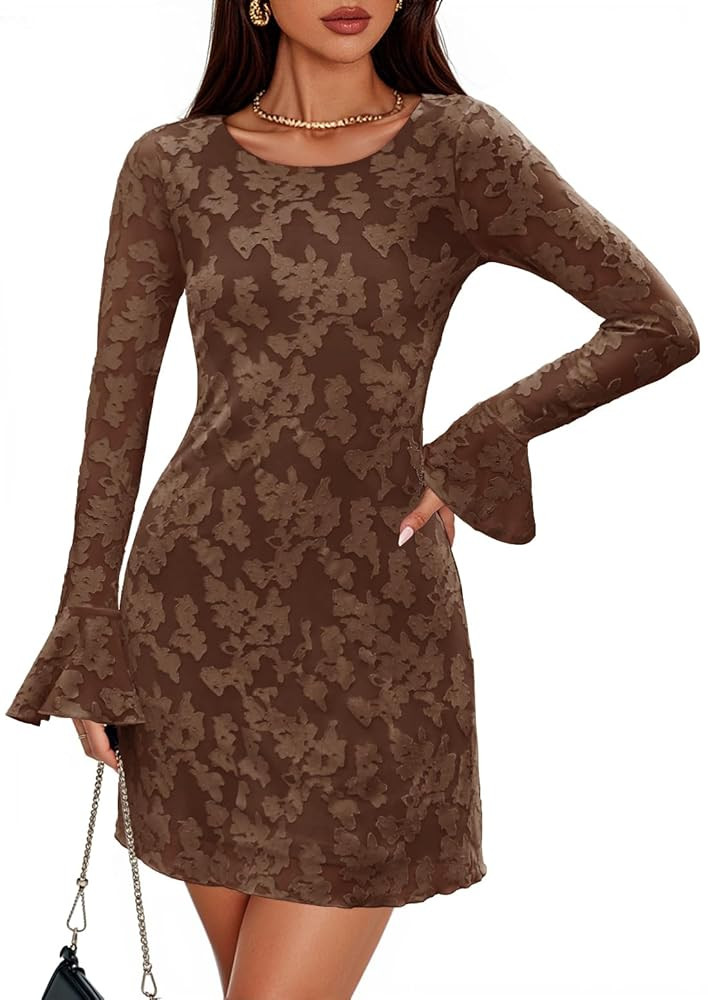 ZESICA Fall Mini Dresses for Women 2025 Long Sleeve Floral Mesh Crewneck Bodycon Cocktail Party C... | Amazon (US)