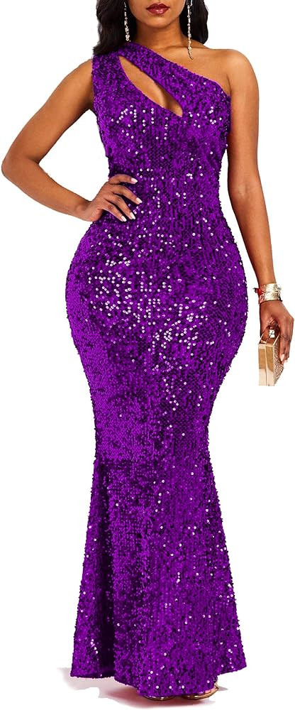 VERWIN Sequins Fashion Sleeveless Oblique Collar Mermaid Women's Maxi Dress Bodycon Dress Party D... | Amazon (US)