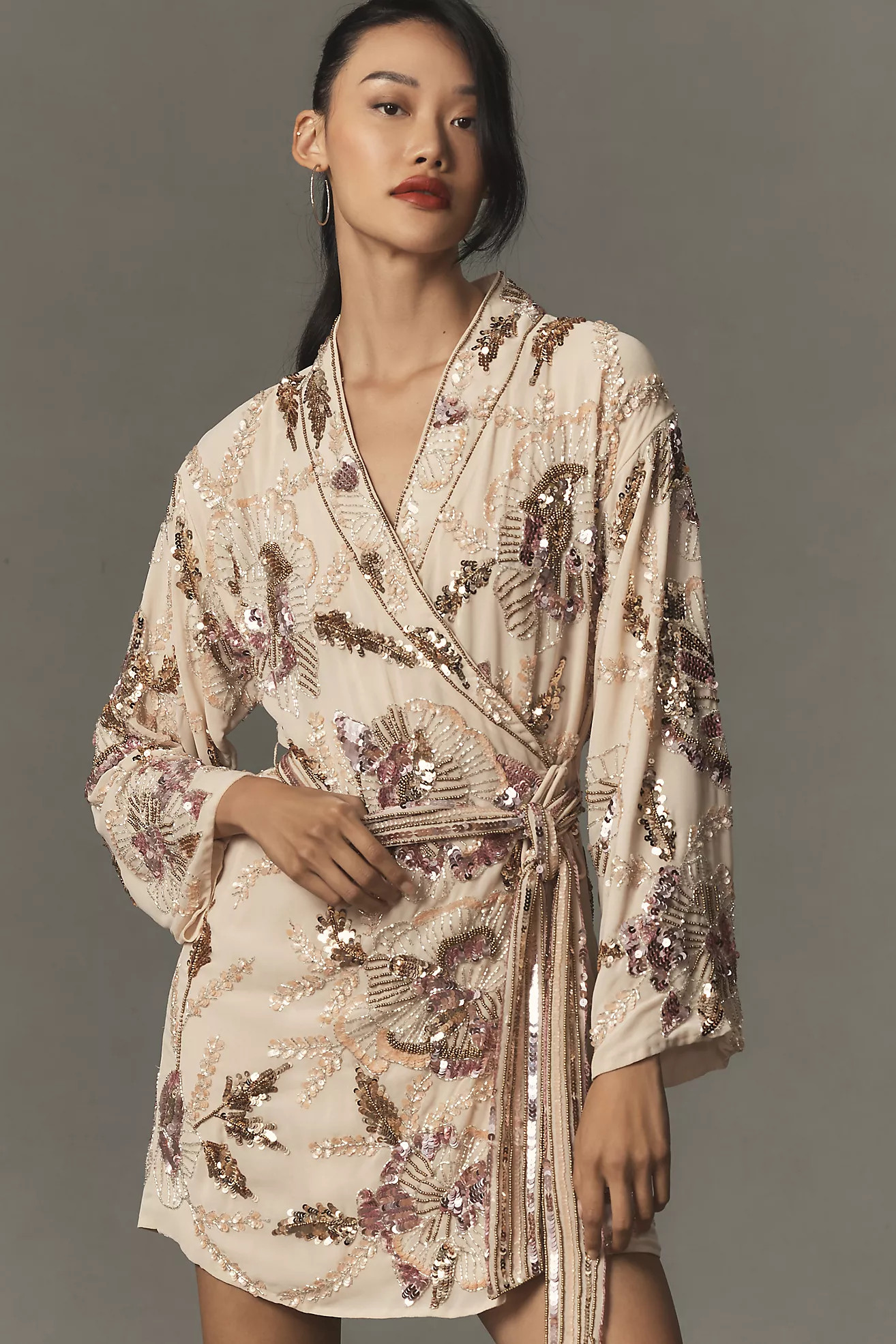 Mac Duggal Long-Sleeve Beaded Floral Wrap Mini Dress | Anthropologie (US)