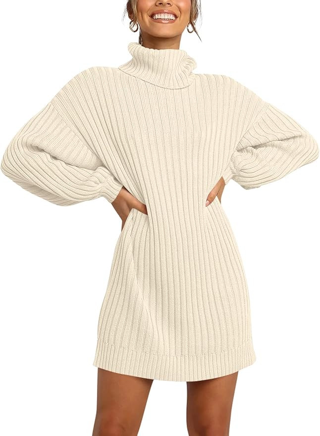 MILLCHIC Women Turtleneck Long Lantern Sleeve Sweater Dress Winter Casual Loose Knit Oversized Pu... | Amazon (US)