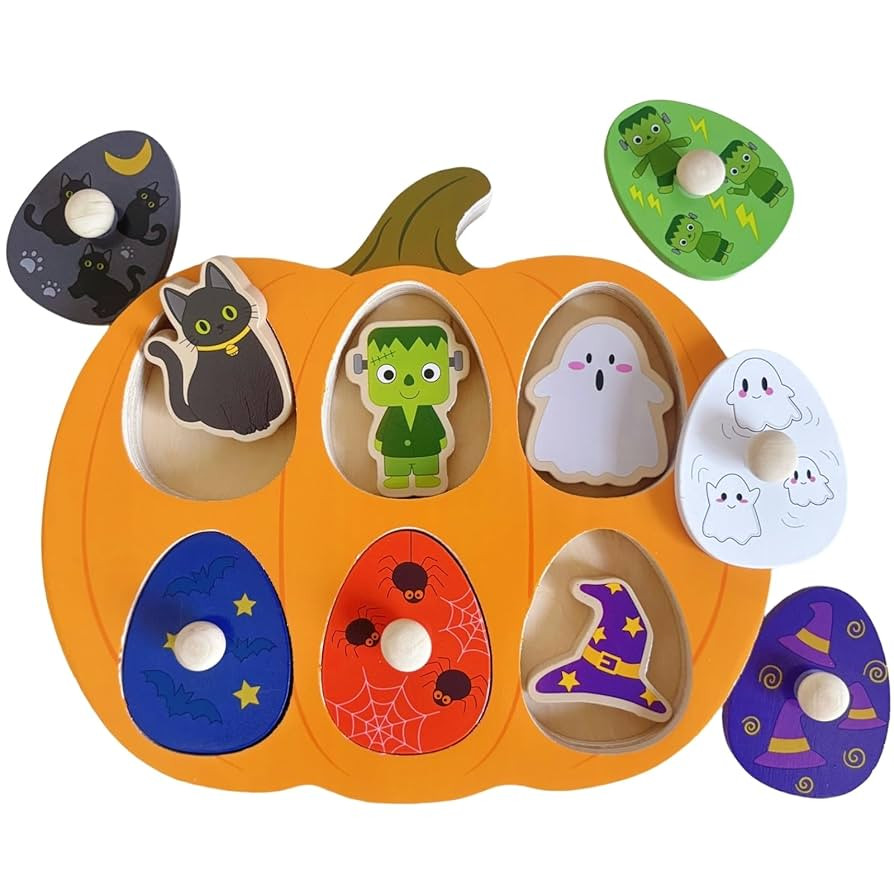 Halloween Pumpkin Wooden Peg Puzzle for Toddlers, 6 Colors & Shape Matching Pieces, Montessori Ed... | Amazon (US)