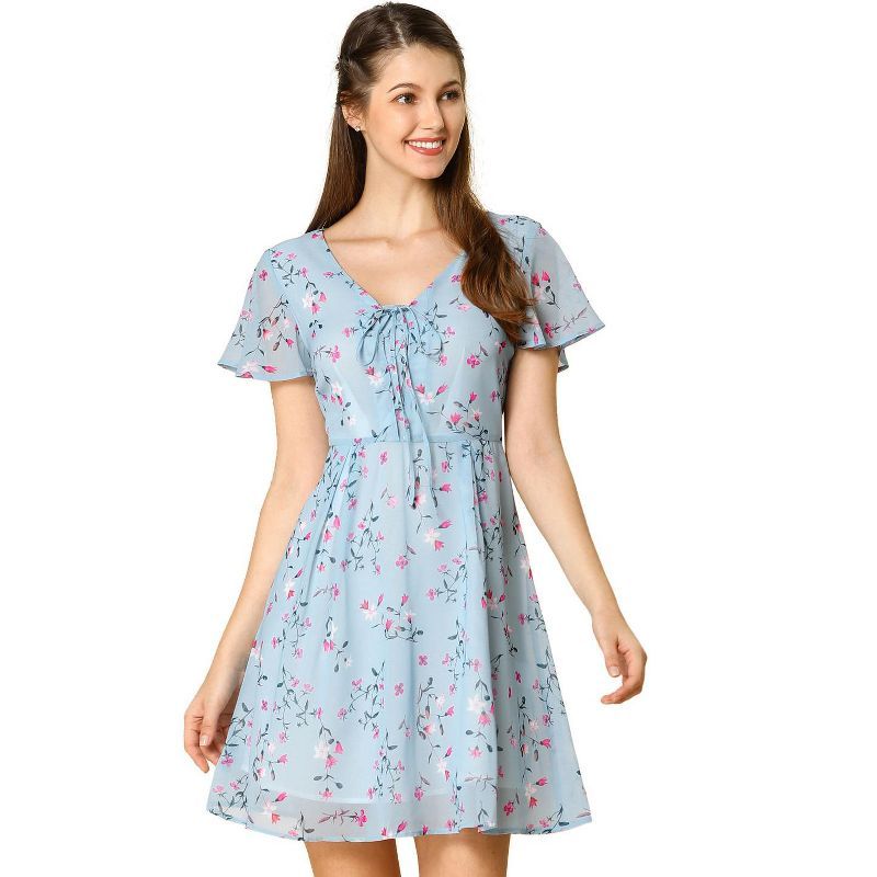 Allegra K Women's Floral Printed Spring Summer Flare Short Sleeve Lace-up V Neck Chiffon Dress | Target