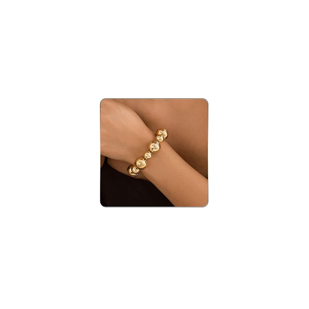 Gold Beaded Bracelet for Women Big Round Ball Beaded Elastic Bracelet Chunky Gold Bracelets Adjus... | Amazon (US)
