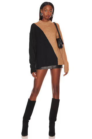 Dagan Color Block Crewneck in Black & Camel Tan Sweater Brown Sweater Leather Skirt Outfit | Revolve Clothing (Global)