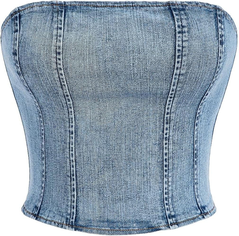 GORGLITTER Women's Zip Up Back Strapless Denim Tube Top Sleeveless Fitted Y2K Crop Denim Tops | Amazon (US)