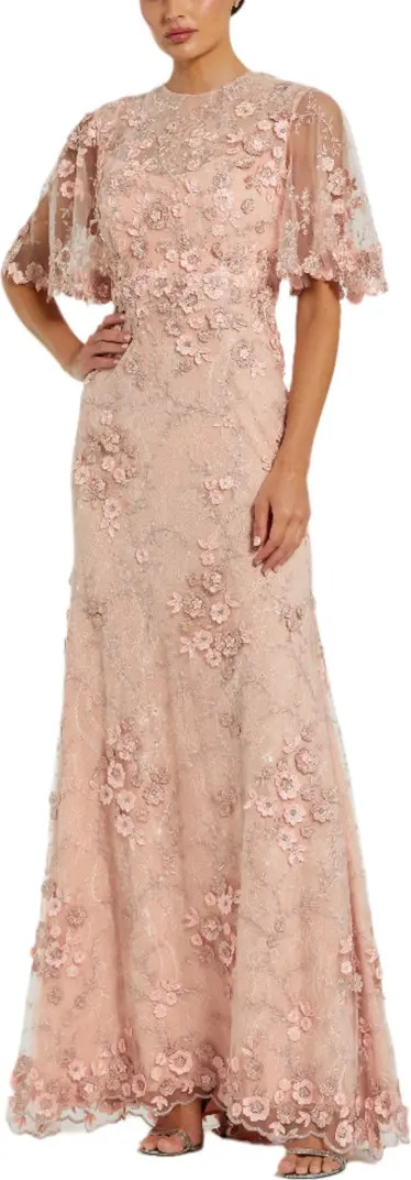 Women's Flutter Sleeve Floral Emboridered Net Gown | Nordstrom