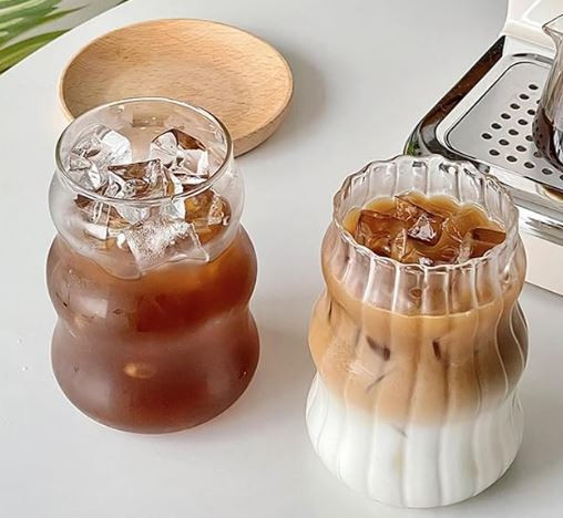 2 Pcs Ribbed Glass Cups, 18 Oz Vintage Drinking Glassware with Wave Shape Design, Bubble Cups for Iced Coffee, Juice, Beverage, Milk, Cocktails, Bubble Tea, and More glass cups 

 