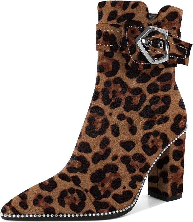 Zamikoo Womens Boots Ankle Chunky Heel Pointed Toe Beaded High Heeled Fall Short Booties | Amazon (US)