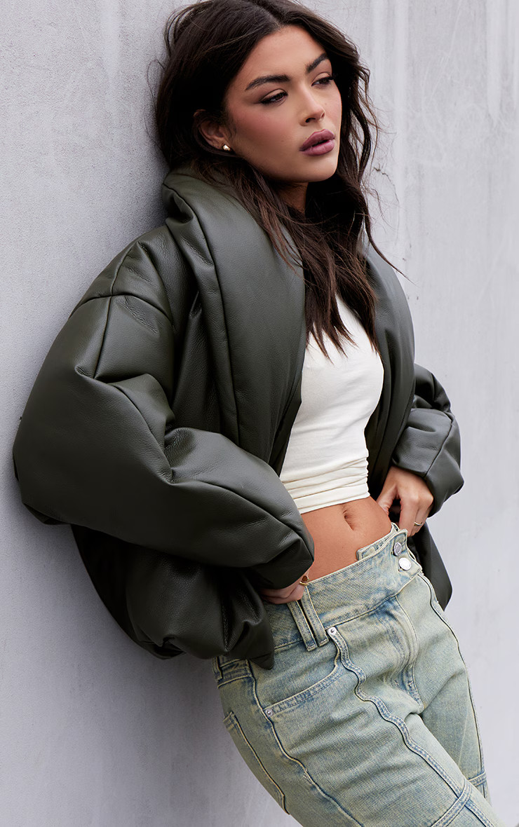 Khaki Exaggerated Collar PU Cropped Puffer Coat | PrettyLittleThing UK