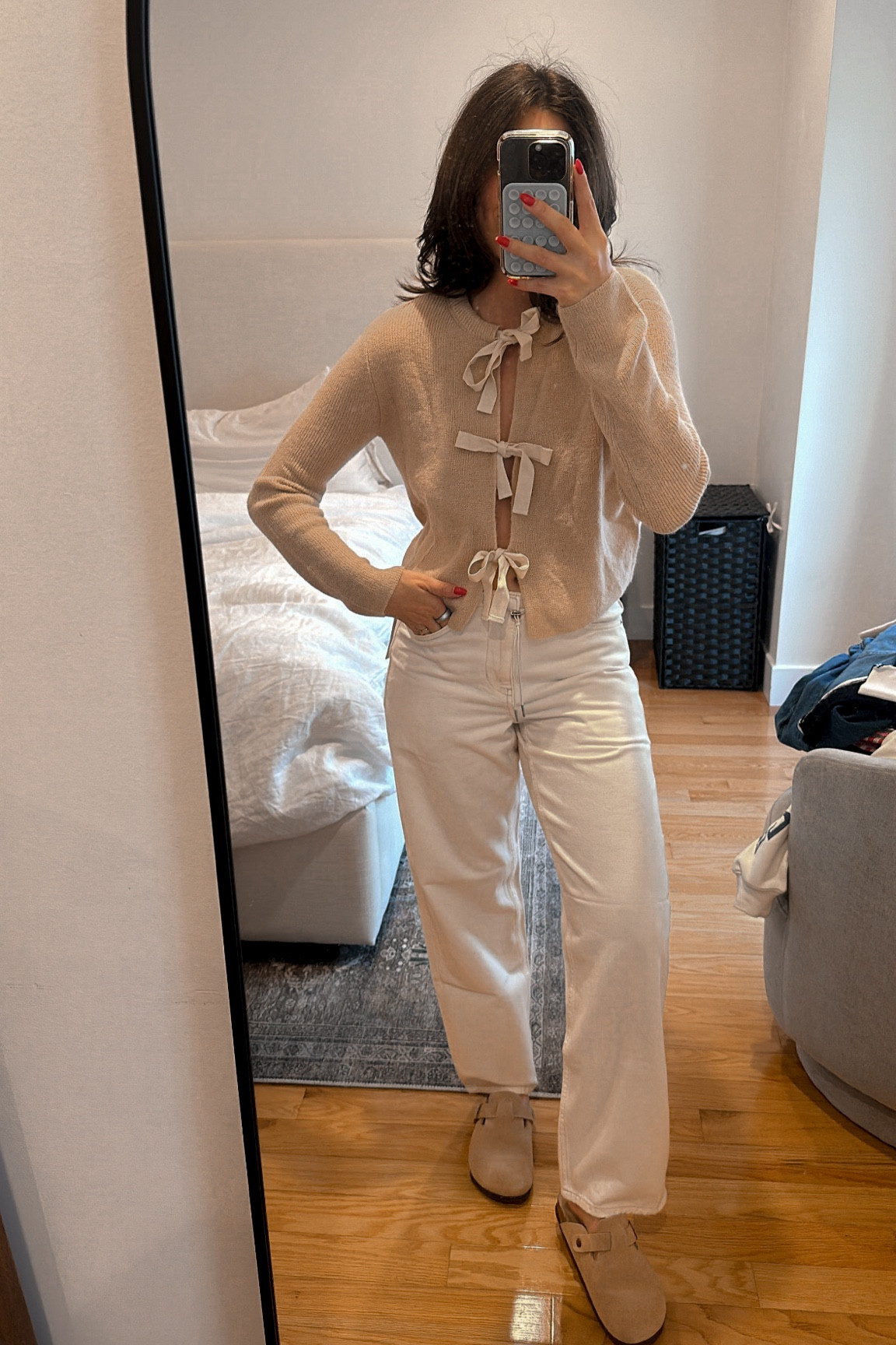Fall outfit inspo 🤍 

Bow tie cardigan is from Commence! White low rise baggy jeans are ON SALE from Banana Republic - soooo good! Obsessed with the draw string and fit (wearing 27P, went up 2 sizes for more  oversized fit) 

#LTKFallSale #LTKSaleAlert #LTKSeasonal