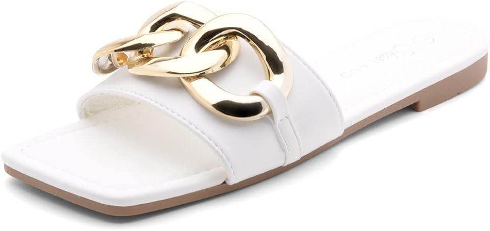 Shoe Land EMMA Women's Flat Sandals Square Open Toe Single Band Slides | Amazon (US)