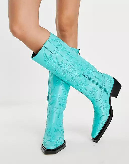 Topshop Texas premium leather knee high western boots in turquoise | ASOS (Global)