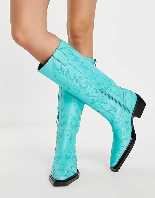 Topshop Texas premium leather knee high western boots in turquoise | ASOS (Global)