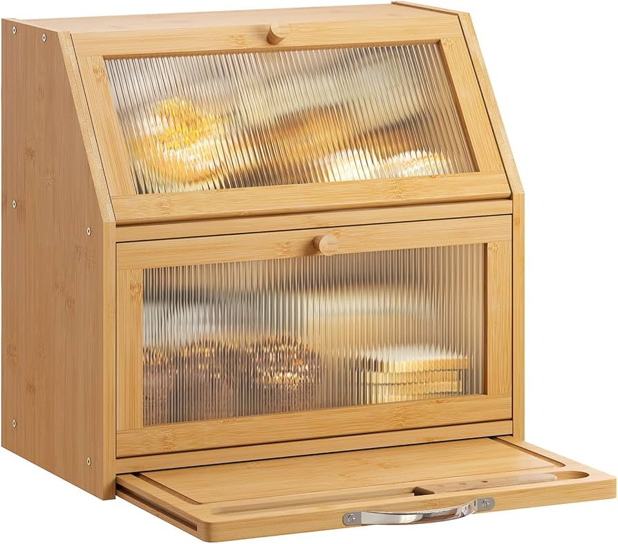 GHWIE Double Layer Large Bamboo Bread Box for Kitchen Countertop, Extra Large Bamboo Bread Storag... | Amazon (US)
