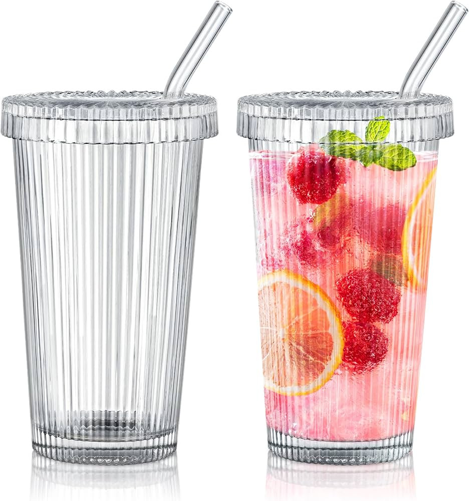 Joeyan Glass Tumbler with Lid and Straw,Clear Ribbed Iced Coffee Cup,Vintage Drinking Jar Glasses... | Amazon (US)