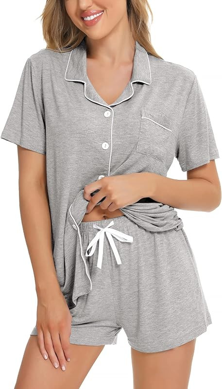 SWOMOG Womens Button Down Pajamas Set Short Sleeve Sleepwear Bride Soft Pj Lounge Sets S-XXL | Amazon (US)