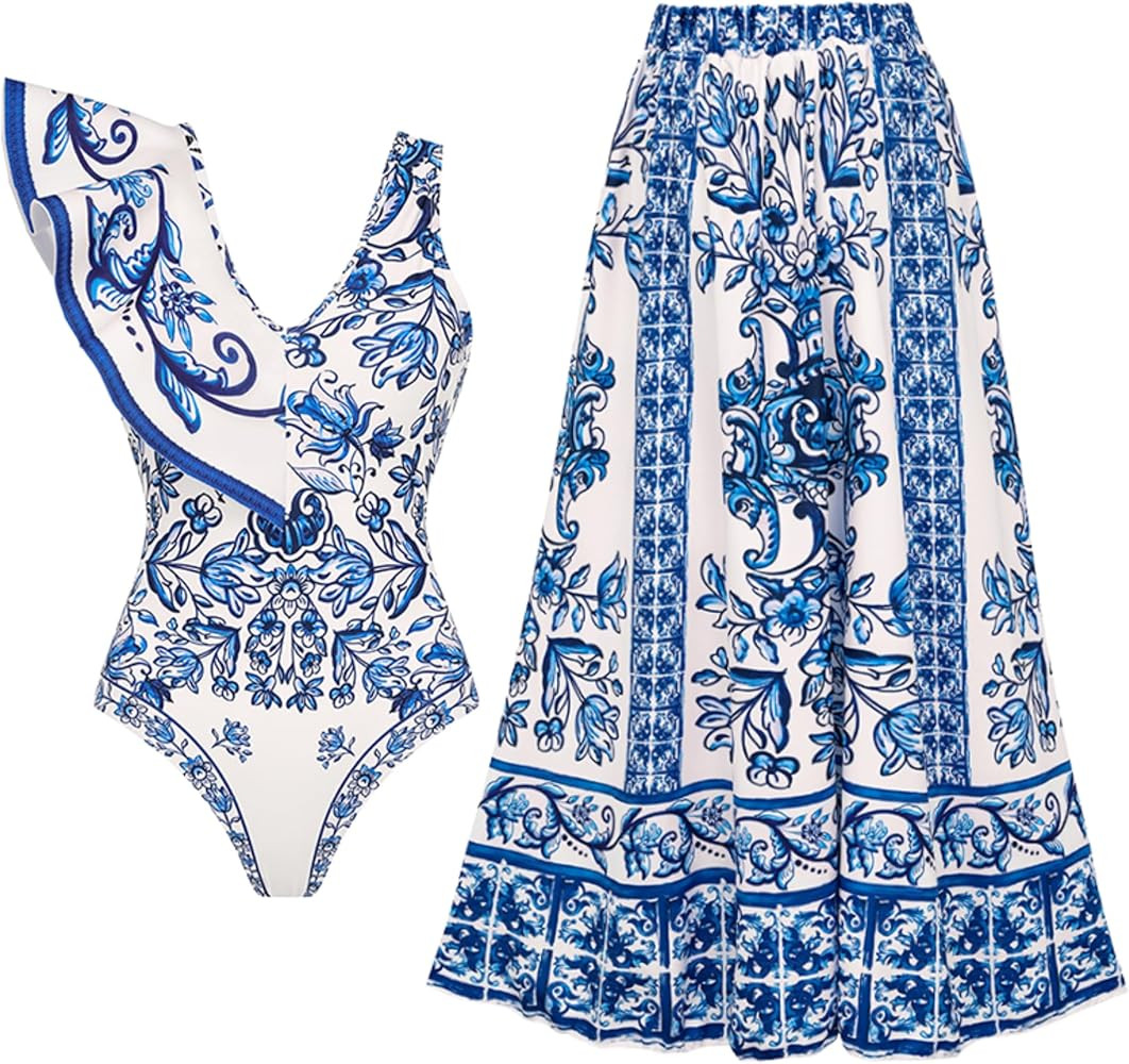 FLAXMAKER Women's Ruffle V Neck Blue and White Porcelain Majolica Pattern Print One Piece Swimsui... | Amazon (US)