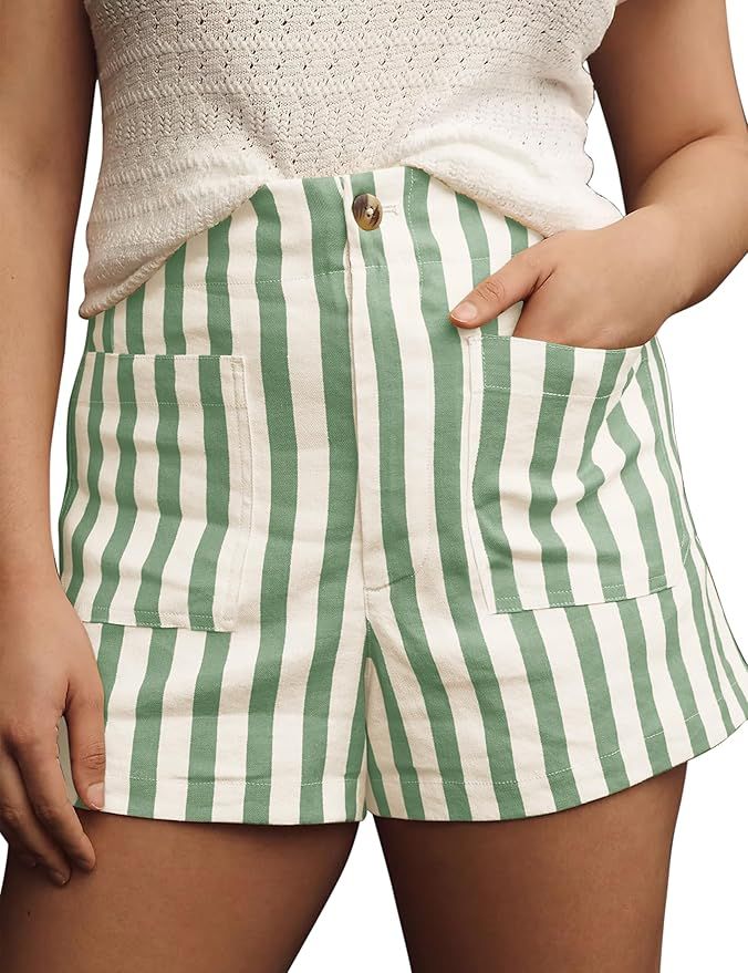 Women Striped Linen High Waisted Elastic Button Shorts 2024 Summer Y2k Color Block Boxer Shorts w... | Amazon (US)