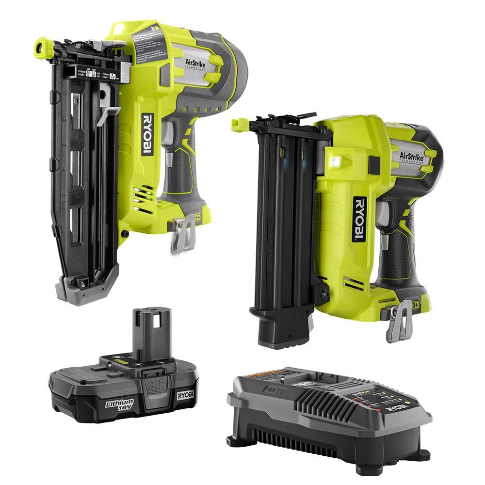 RYOBI 18-Volt ONE+ Lithium-Ion Cordless AirStrike 18-Gauge Brad Nailer and 16-Gauge Straight Nailer  | The Home Depot