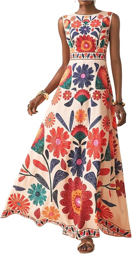 GORGLITTER Women's Sleeveless Maxi Mexican Dress Floral Boho Garden Party Sundress Wedding Guest ... | Amazon (US)