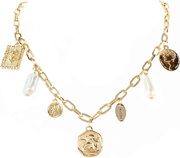 Gold Charm Necklace for Women Charm Necklace Boho Gold Vintage Pearl Head Portrait Square Pendant... | Amazon (US)