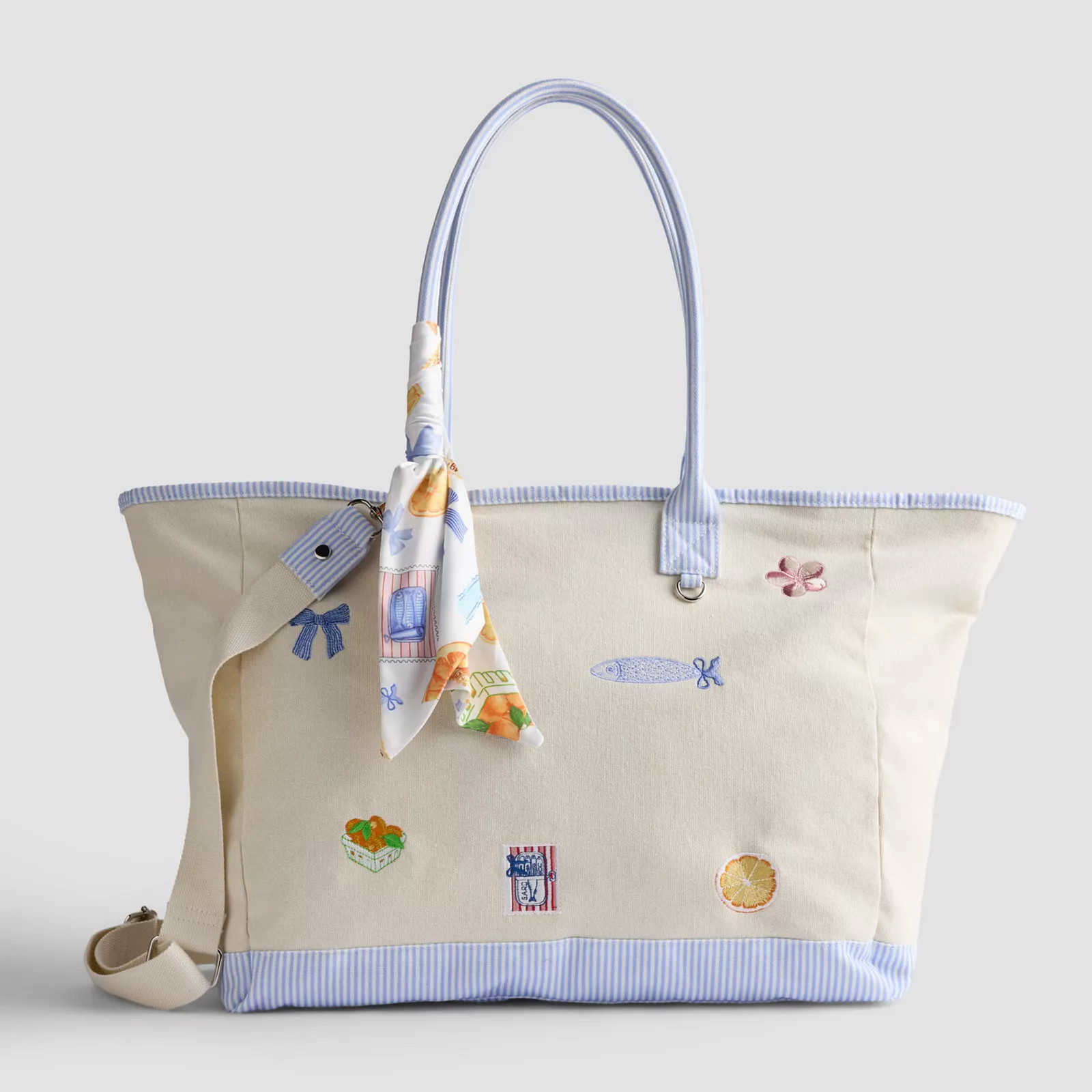 madden girl Canvas Large Tote Bag with Adjustable Strap, Natural Blue Stripe | Kohl's
