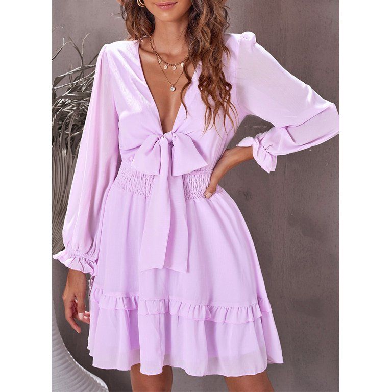 Dokotoo Women's Purple Tiered Chiffon Elegant Mini Dress Spring Deep V Neck Knotted Swing Dresses... | Walmart (US)