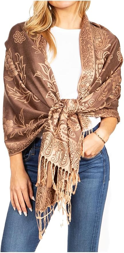 Sakkas Damari Women's Silky Soft Reversible Border Woven Pashmina Scarf Shawl Wrap | Amazon (US)