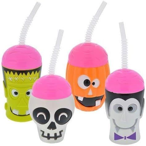 Halloween Character Cups with Straws Set of 4 Vampire, Jack-O-Lantern, Skeleton and Frankenstein | Amazon (US)