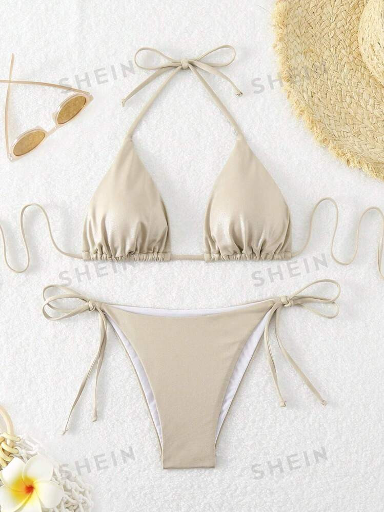 SHEIN Swim Summer Beach Women's Solid Color Triangle Cup Halter Neck Tie Side Bikini Set Wedding | SHEIN