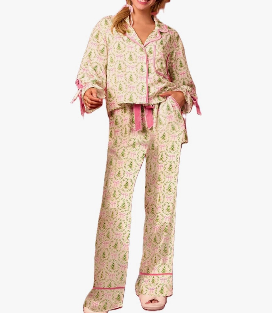  Christmas Pajamas for Women Bow Tie Long Sleeve Shirt Pants Satin Silk Funny Graphic 2 Piece Pjs Set Sleepwear

#LTKCyberWeek #LTKSeasonal #LTKGiftGuide