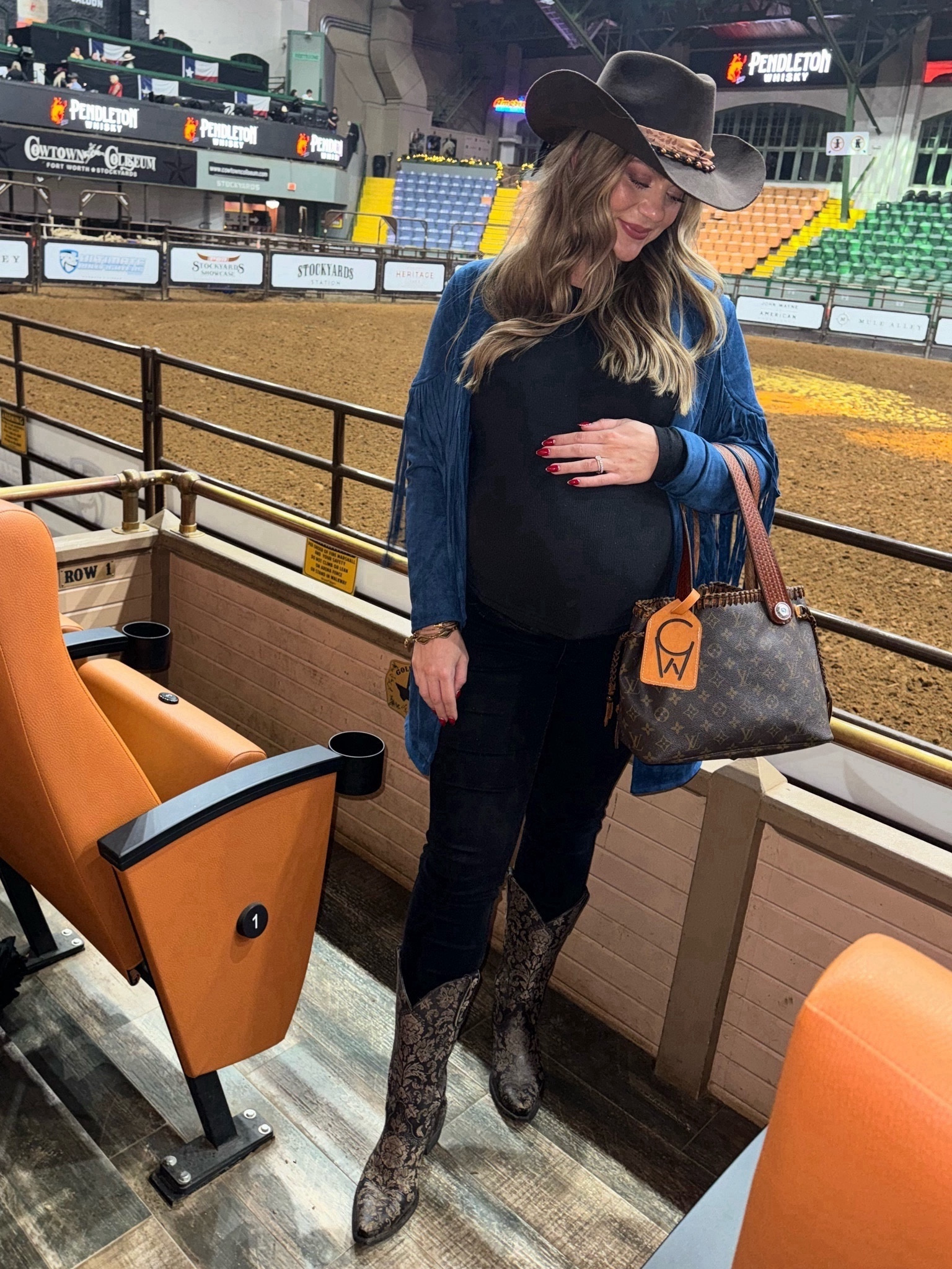 Oversized fringe suede jacket available in a variety of colors paired with black maternity jeans, ribbed long sleeve on sale, and western jewelry for tonight’s western night out. Use code sarahrose for 15% off buddylove site wide

#LTKbump #LTKitbag