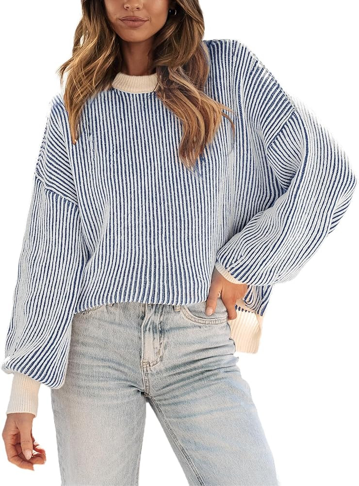 Chenille Sweater for Women 2023 Fall Casual Striped Pullover Long Sleeve Color Block Knit Top Jum... | Amazon (US)