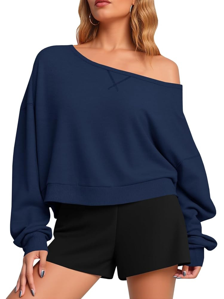 Fisoew Womens Off The Shoulder Crop Tops Casual Long Sleeve Oversized Fall Pullover Sweatshirts | Amazon (US)