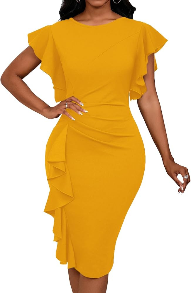 Womens Short Ruffle Sleeve Church Dress 50S Vintage Crew Neck Bodycon Work Pencil Midi Dress | Amazon (US)