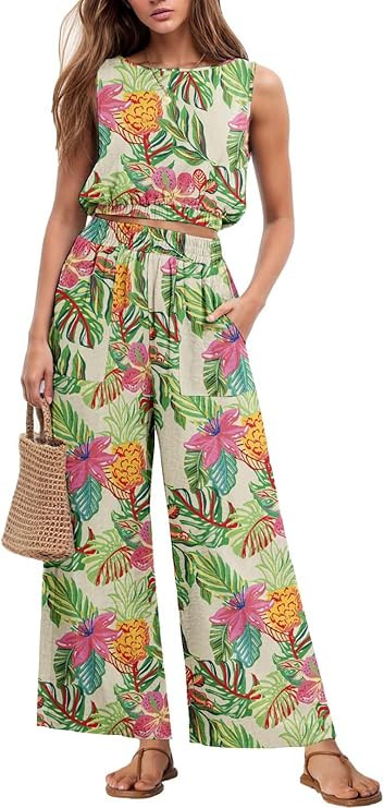 GRECERELLE Two Piece Sets for Women Sleeveless Crop Top Wide Leg Pants Sweat Set for Women Tracks... | Amazon (US)