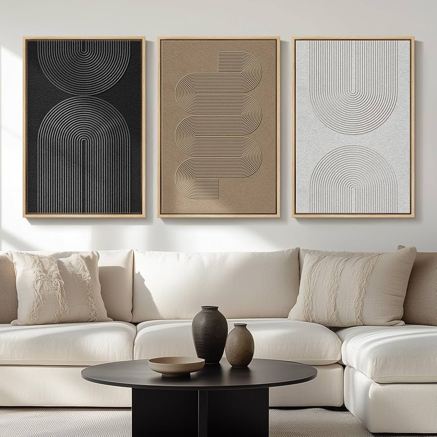 Large Framed Boho Modern Neutral Abstract Wall Art for Living Room, 3 Piece Black and White Canva... | Amazon (US)