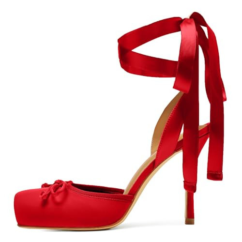 Riekhany Satin Ballet Heels for Women Closed Square Toe Bow Ballerina Heels Lace Up High Heel Slingback Pumps Strappy Stiletto Mary Janes Elegant Party Shoes Red | Amazon (US)