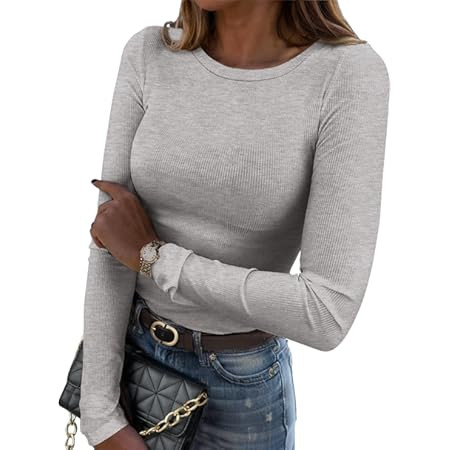 Roselux Womens Long Sleeve Stretch Crewneck Ribbed T-Shirt Fitted Casual Basic Tops | Amazon (US)