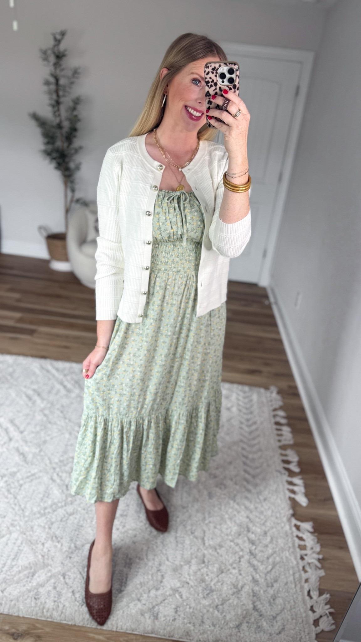 Daily try on, Walmart outfit, Walmart fashion, green floral midi dress, white cardigan with gold buttons, time and tru

#LTKmomlife #LTKootd #LTKWorkwear