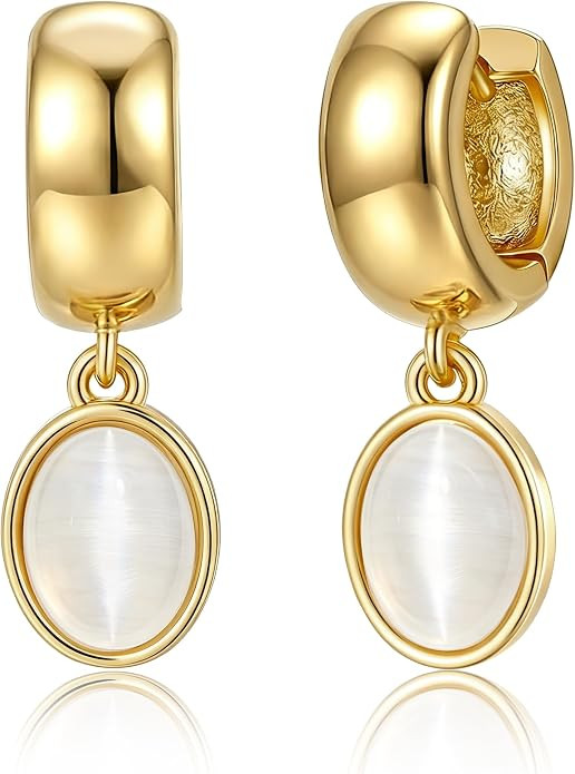 Chunky Gold Earrings for Women Dangle Drop Hoop Earring With Bezel CZ | Amazon (US)