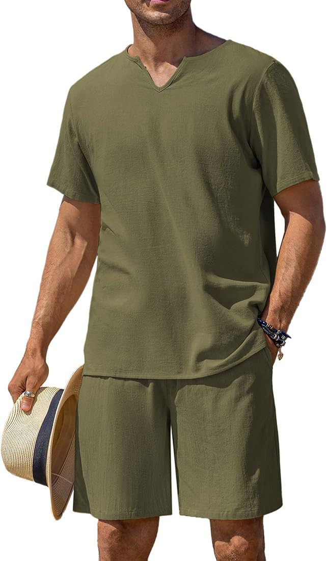 COOFANDY Men's 2 Pieces Cotton Linen Set Short Sleeve Henley Shirts Casual Beach Shorts Summer Yo... | Amazon (US)