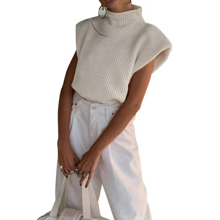 Women Shoulder Pad Sweater Top Sleeveless Turtleneck Pullover Vest Wide Shoulder Knitted Jumper Top | Walmart (US)