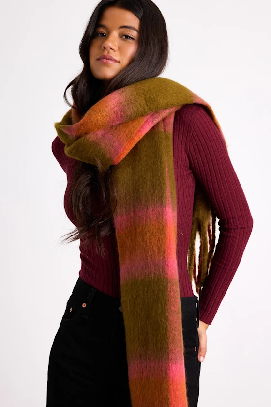 Melton Coral and Olive Plaid Knit Oversized Fringe Scarf | Lulus