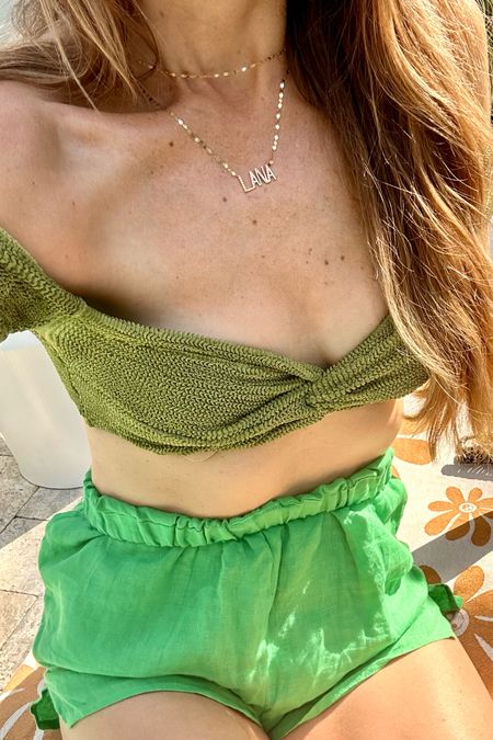 These layering pieces from @lanajewelry are simply stunning. Living in this custom name necklace. Swim is Hunza G ✨💚

#LTKswim #LTKstyletip #LTKover40
