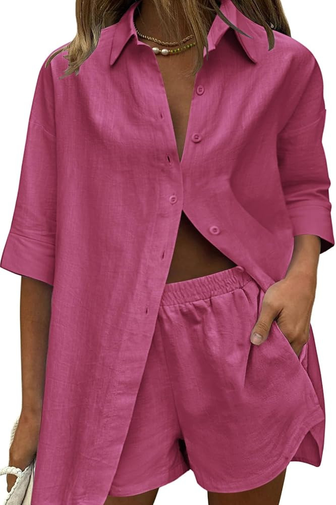 Zeagoo Women Linen Sets 2 Piece Tracksuit Summer Outfits Beach Linen Shirt Elastic Waist Casual S... | Amazon (US)