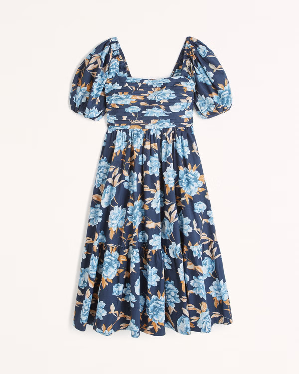 Ruched Puff Sleeve Poplin Midi Dress | Abercrombie & Fitch (US)